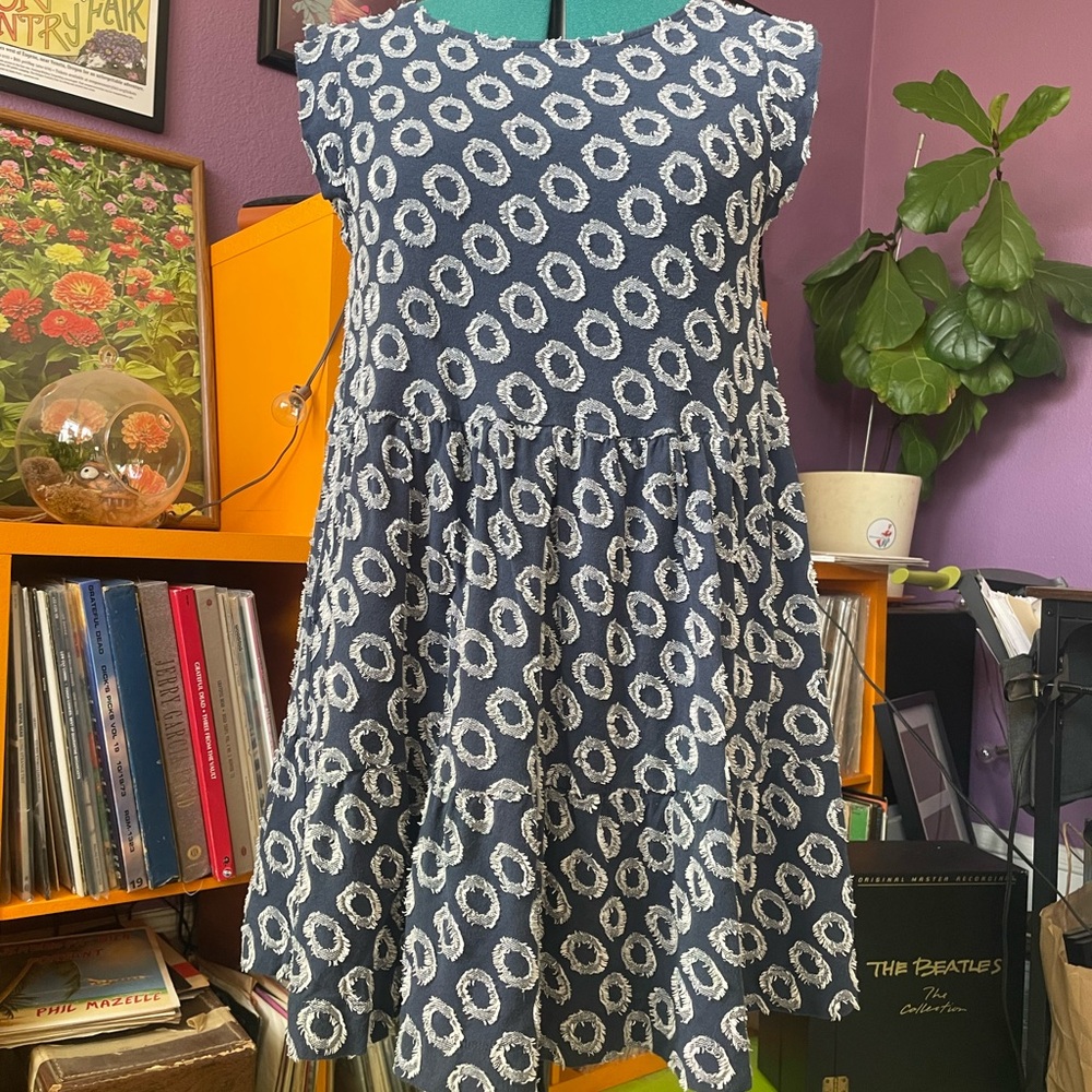 Anthropologie Navy Blue Babydoll Dress with White Circle Print